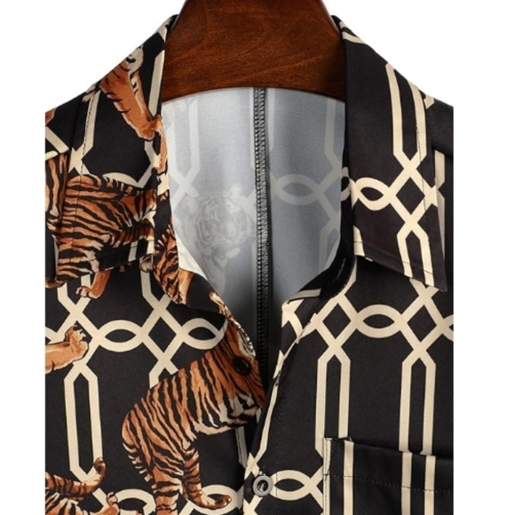 Hawaiian Flamingo Casual Tropical Short Sleeve Shirt Black Tiger - Picture 3 of 6